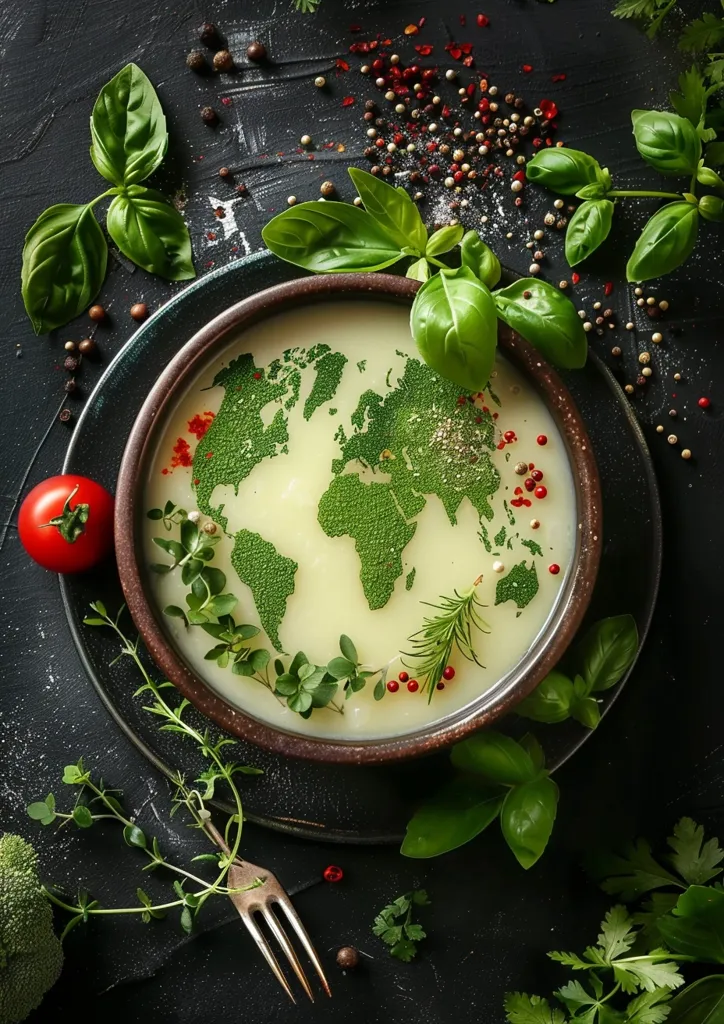 A bowl of creamy soup features a green, leafy world map design. Surrounded by fresh herbs, red peppercorns, and a single cherry tomato, the image suggests a connection between food and the environment. The black background adds a dramatic contrast, highlighting the vibrant greens and pops of red. A fork lies beside the bowl, hinting at the meal's preparation and enjoyment.