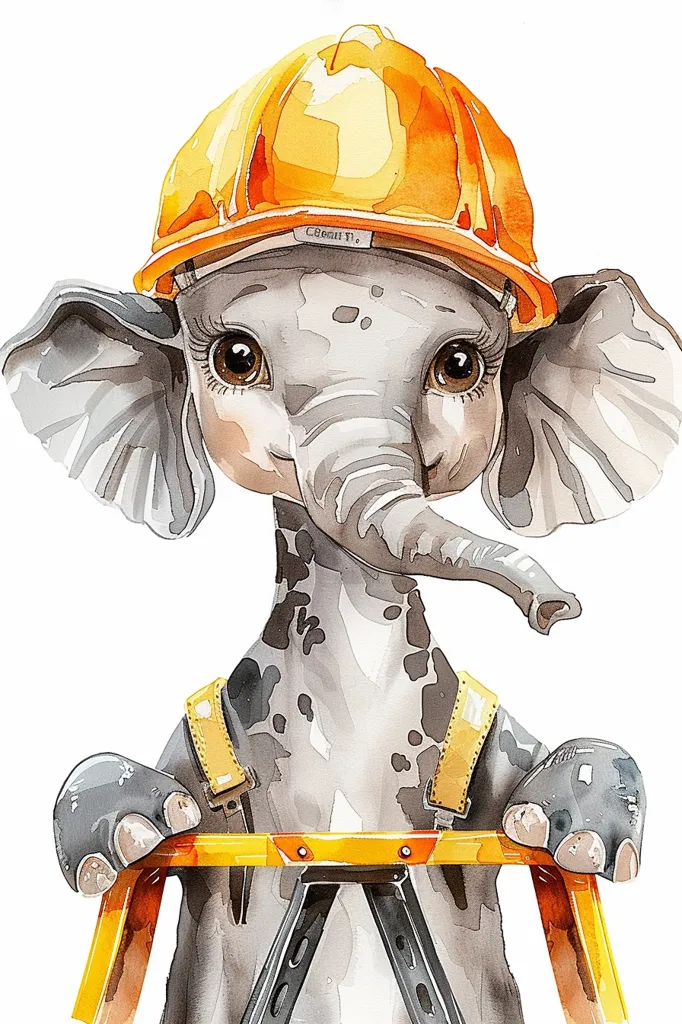A cute cartoon elephant wearing a yellow construction helmet and overalls is holding a yellow ladder. It has large brown eyes, a small trunk, and big gray ears. The elephant is looking at the viewer, with a playful and curious expression. The illustration is done in a watercolor style, with soft edges and a gentle color palette.