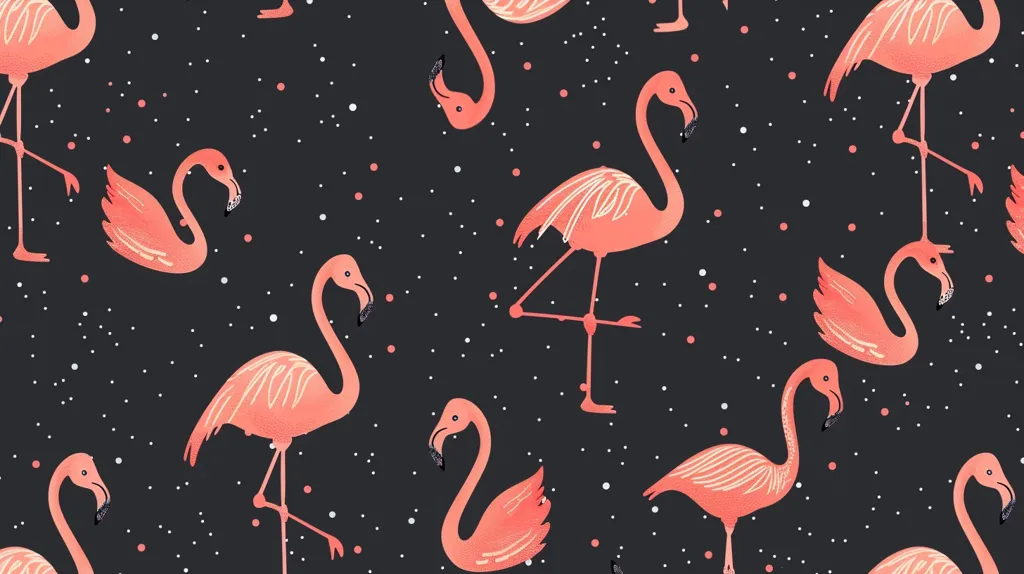 The image is a seamless pattern of pink flamingos on a black background with white polka dots.  The flamingos are depicted in various poses, some standing tall with their necks arched, others with their heads turned to the side, and some with their necks curled back towards their bodies. The pattern is whimsical and playful, evoking a sense of tropical paradise.