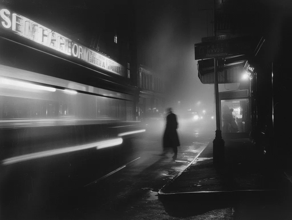 A black and white photo of a foggy street at night.  A person walks down the sidewalk, past a street sign and a building with a neon sign. A bus is parked on the side of the road and blurred streaks of light from its headlights can be seen. The photo has a mysterious, atmospheric feel.