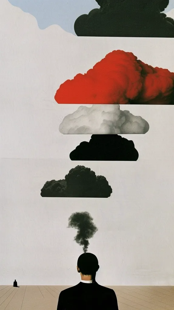 A man stands in a desolate landscape with his back to the viewer.  A black cloud hovers above his head, like smoke from an invisible fire.  A series of black and white clouds float above him, as if he is trying to escape the darkness.  The scene is surreal and symbolic, hinting at the weight of thought or the burden of the world.  The simple, almost childlike composition creates a sense of unease and mystery.