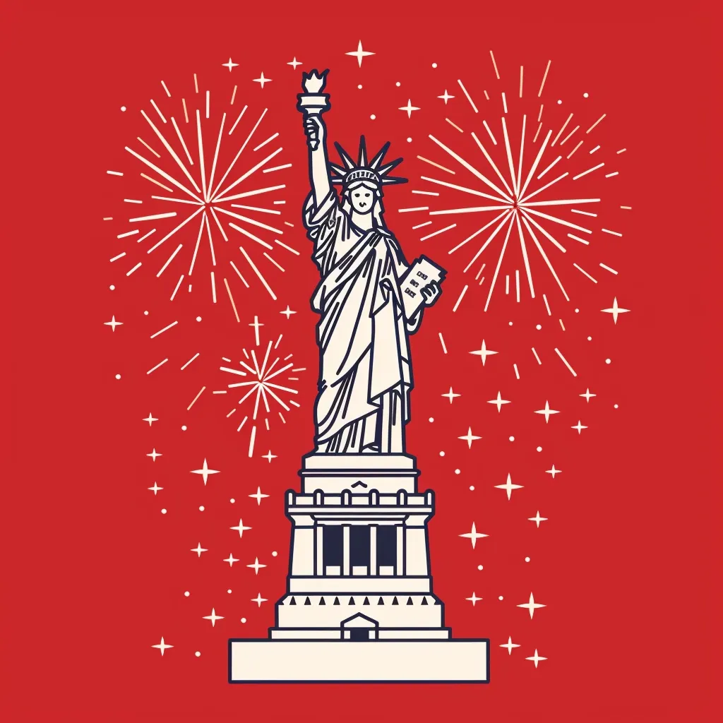 The Statue of Liberty stands tall against a vibrant red background, adorned with white fireworks bursting around her. Her torch shines brightly, and she holds a tablet in her left hand.  The image is accented with scattered white stars, creating a celebratory and patriotic atmosphere.