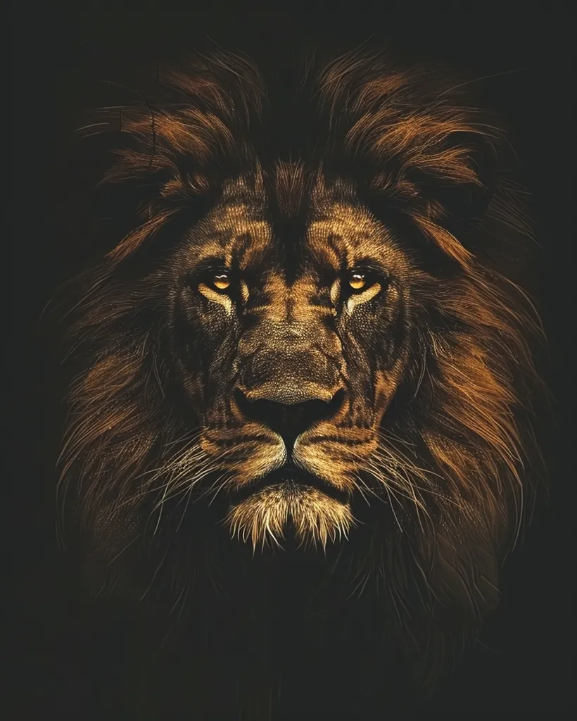 The image shows a close-up of a lion's face against a black background. The lion has a thick, flowing mane that is highlighted with warm, golden hues. Its eyes are sharp and alert, and its expression is both regal and intense. The focus on the lion's face creates a sense of power and authority, emphasizing the animal's presence and majesty.  The dark background provides a striking contrast that emphasizes the lion's features.