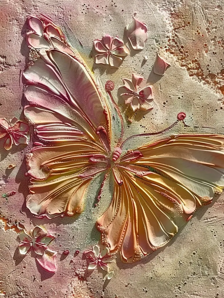 The image shows a close-up of a 3D art piece of a butterfly with its wings spread. The butterfly is made of textured paint with a light pink, yellow, and orange color scheme. The background is a light beige canvas with textured brush strokes. The butterfly is surrounded by smaller flower-like shapes made of the same textured paint.  The image captures the beauty and detail of the artistic creation.
