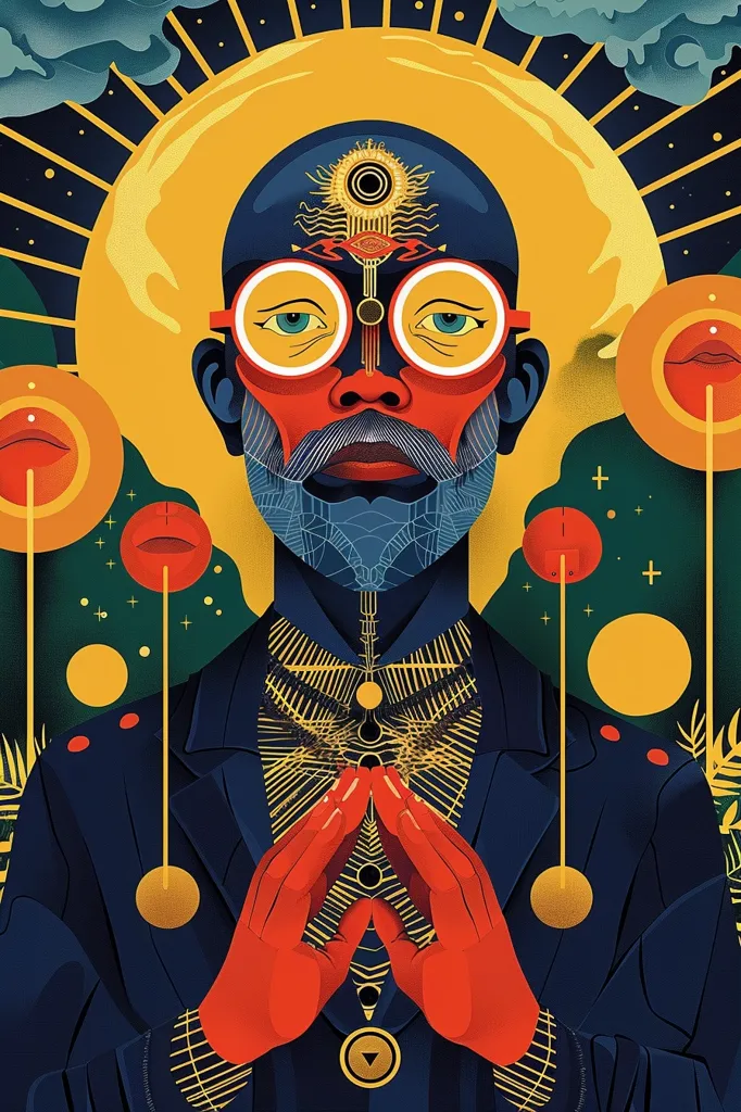 The image features a stylized portrait of a person with a third eye, wearing round red glasses and a blue suit. They have red hands clasped in front of their chest, and their face is surrounded by a bright yellow sun, with golden rays. The background is a dark blue and green, with various shapes and symbols.  The overall impression is one of spirituality and enlightenment.