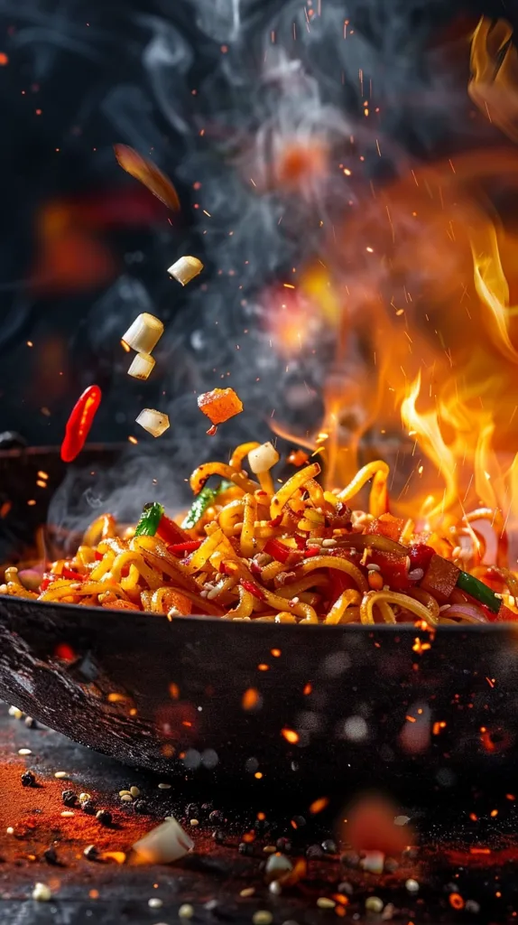 A wok filled with stir-fried noodles, vegetables, and spices sits on a dark background. The wok is surrounded by flames and smoke, creating a dramatic and fiery scene. The ingredients are flying out of the wok, adding to the motion and energy of the image.  The dish appears to be a spicy and flavorful Asian cuisine.
