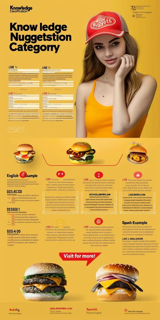 The image is a graphic promoting a food product, likely a burger.  It features a young woman wearing a red baseball cap with a food logo and a yellow tank top. The image has a yellow background and includes several  charts, likely price points and descriptions of food items. There are also images of hamburgers in the bottom of the image with URLs and text. The overall message is likely to promote the food product.