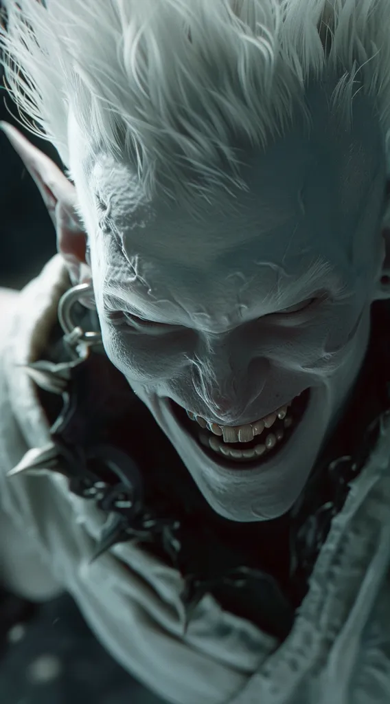 The image shows a close-up of a pale, monstrous figure with spiky white hair and pointed ears. They have a wide, unsettling grin revealing sharp teeth, and their eyes are hidden in shadow. They wear a dark garment adorned with a thick, spiked chain around their neck, creating a menacing and eerie visual. The overall tone is unsettling and evokes a sense of unease.
