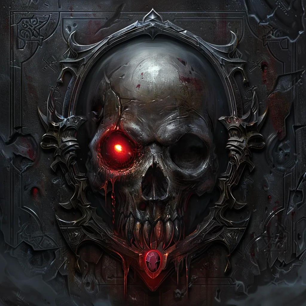 A dark, detailed image depicts a skull with a glowing red eye, set against a backdrop of a dark, metal frame. The skull is depicted with a menacing expression, including a bared jaw and dripping blood. The overall tone of the image is one of dark fantasy and horror. The image likely serves as a visual representation of death or evil.