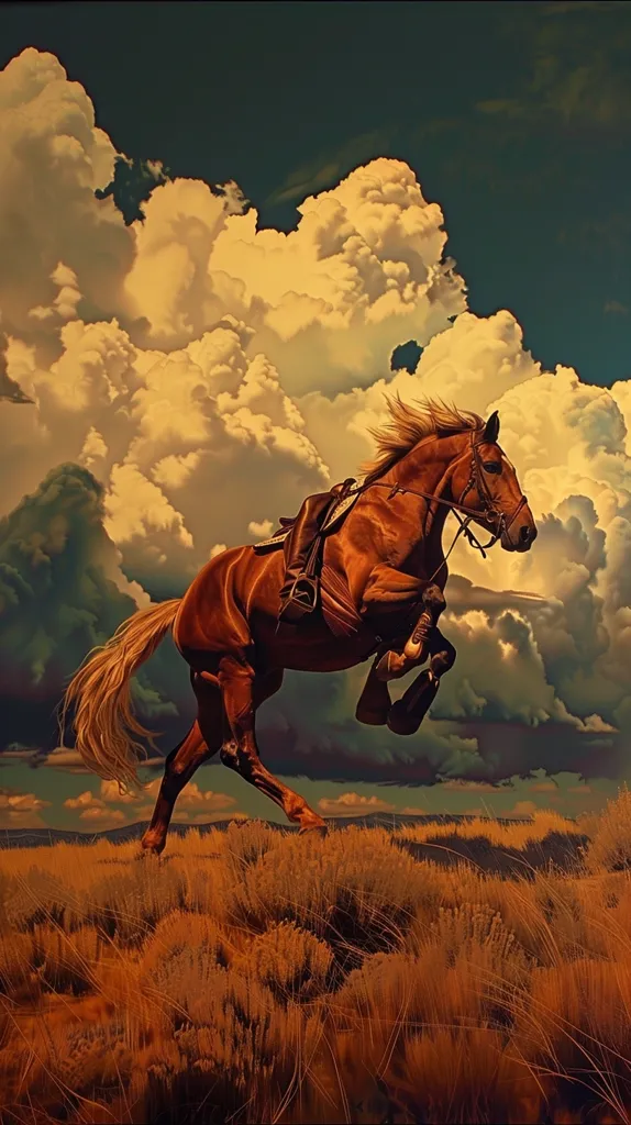 A brown horse leaps through the air, its mane and tail flowing in the wind. The horse is saddled and bridled, suggesting it is ridden. The background is a dramatic sky with large, fluffy clouds. The horse appears to be galloping across a field of tall grass. The scene evokes a sense of freedom and wildness.
