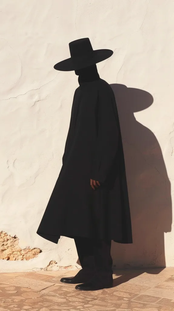 A person dressed entirely in black, wearing a wide-brimmed hat, stands against a white wall. Their shadow stretches out behind them, blending into the background. The person's face is obscured by the hat, adding an air of mystery. The image is stark and minimalist, focusing on the silhouette of the figure.  The background is plain and uncluttered, allowing the person to be the sole focus of the composition.