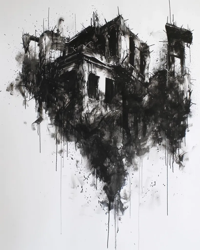 The image is a black and white abstract painting of a dilapidated building, possibly a house. It is done in a dark, somber style, with thick strokes of black paint and drips of ink. The building is rendered in a semi-realistic way, with its outlines visible, but it is also heavily stylized and distorted. The overall impression is one of decay and destruction, with a sense of brooding mystery.