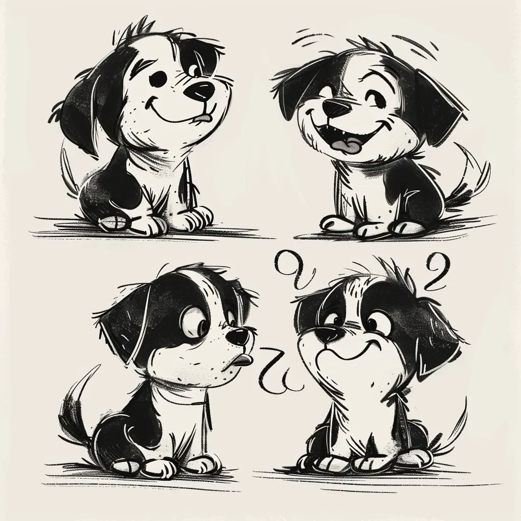 The image shows four black and white sketches of a cartoon dog. The dog is depicted in different poses and expressions.  It has big eyes, a small nose and a fluffy tail. The dog appears to be playful and curious.  The sketches are drawn in a loose and expressive style.  They are done with a black marker on white paper.