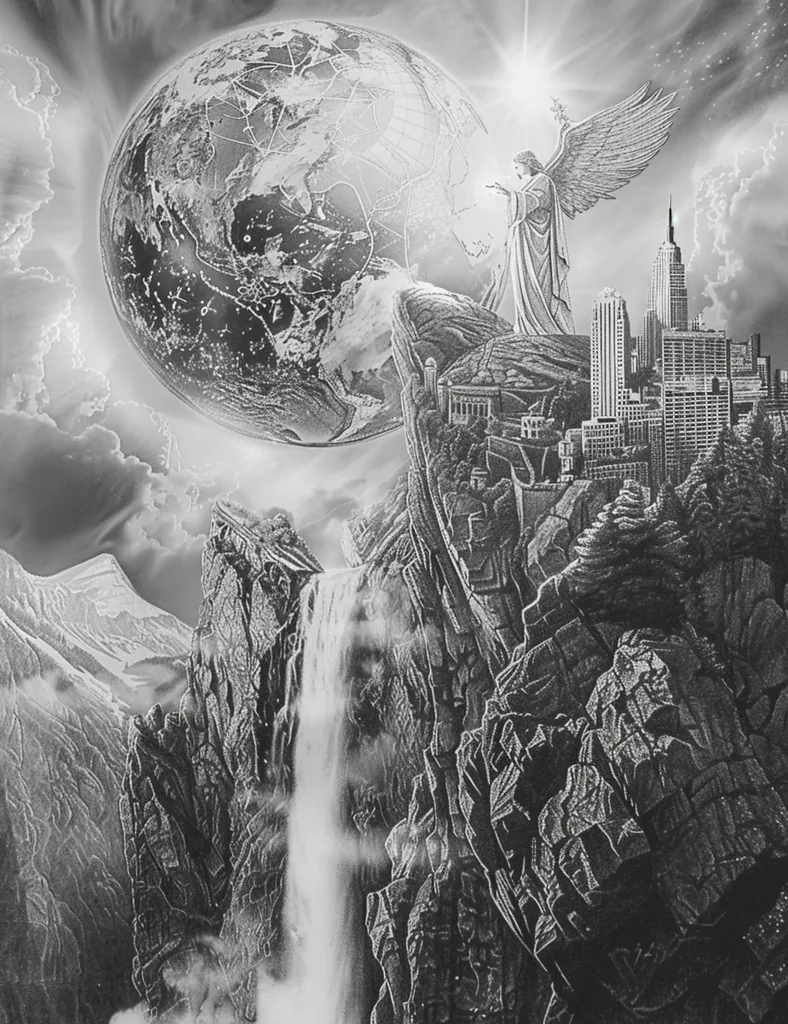 The image is a black and white drawing of a fantastical landscape. A large, detailed Earth hangs in the sky, next to a city skyline and a waterfall cascading down cliffs. An angel stands on a mountain peak, facing the Earth with wings outstretched. The image is full of dramatic detail and evokes a sense of wonder and mystery.