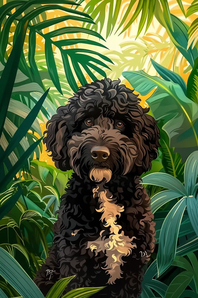 A black and tan dog with a curly coat sits amidst lush green foliage. The dog's eyes are visible, staring directly at the viewer. The dog is surrounded by large leaves, creating a sense of depth and seclusion. The background is a blur of yellow and green, suggesting a sunlit jungle scene. The illustration is realistic and detailed, showcasing the beauty of both the dog and its natural surroundings.