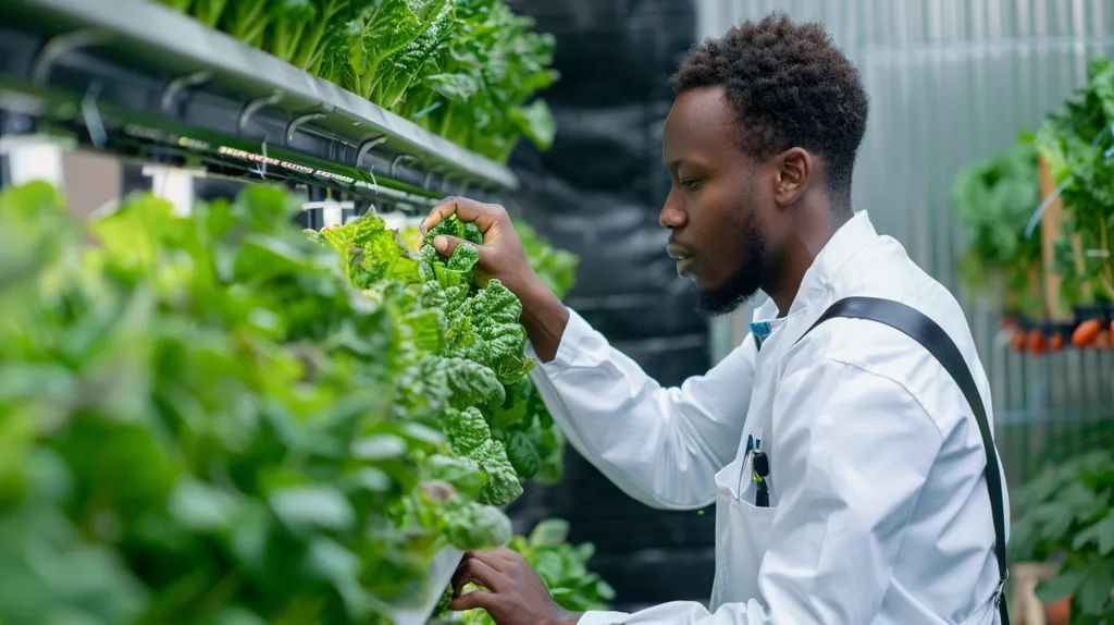 A man in a white lab coat is inspecting a vertical garden. He is carefully examining the leafy green plants growing on a shelf. The garden is lit with artificial light and the man is looking intently at the foliage. The image suggests a modern approach to agriculture and the use of technology for sustainable food production.