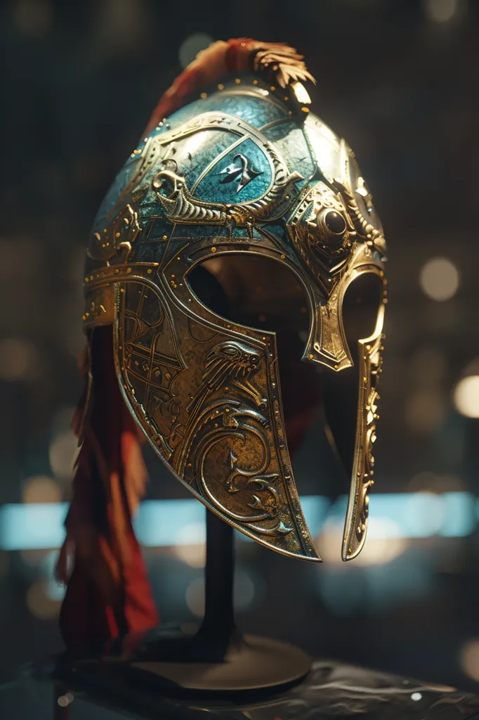 A detailed, ornate helmet with a blue and gold finish stands on a dark stand. The helmet is intricately carved with floral patterns and features a red plume.  The metallic sheen of the helmet catches the light, highlighting its intricate details. The background is blurred, giving the helmet a sense of prominence.