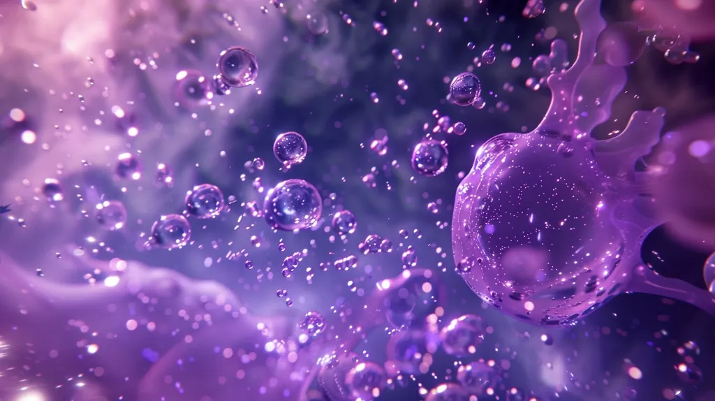 A close-up shot of a purple liquid with many bubbles of varying sizes. The largest bubble is in the center, and the smallest ones are dispersed throughout the image. There's a blurry purple background, and the light reflects off the surface of the bubbles, creating a sparkly effect.