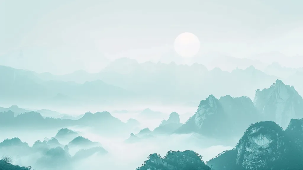 A misty mountain landscape with a hazy sun in the sky. The mountains are a pale blue-green color, and the fog is a soft, white haze. The image has a tranquil and ethereal feel, like a dream or a painting. The sun is a faint white orb, barely visible through the mist.