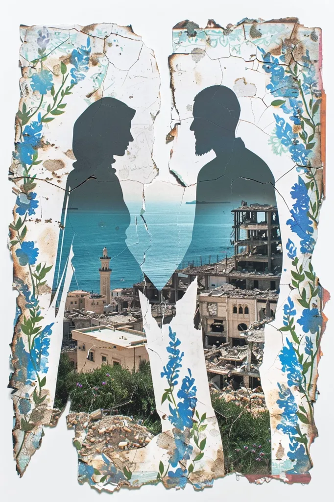 The image shows a cracked, peeling wall with a floral pattern. Through the cracks, a cityscape can be seen, with a ruined building in the foreground and a mosque in the background. Two figures, a man and a woman, are silhouetted against the scene, creating a sense of both love and loss amidst the destruction. The blue flowers and the turquoise sea add a touch of beauty to the otherwise bleak scene.