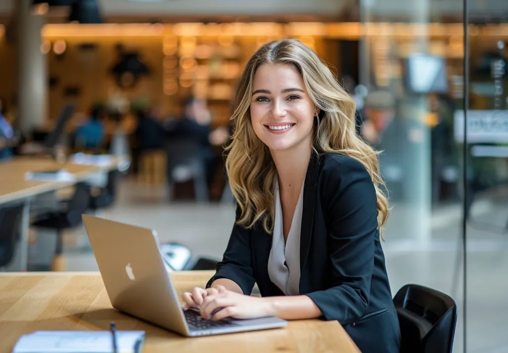 A young woman with long blonde hair is sitting at a table in a modern office space, working on a laptop. She is wearing a black blazer and a white shirt. She is smiling and looking directly at the camera.  The background is blurred with tables and chairs, and a large window. The scene conveys professionalism and productivity.