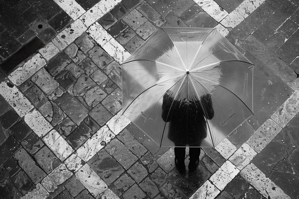 A person walks under a clear umbrella across a wet, cobblestone street. The street is marked with white lines, creating a grid pattern. The image is black and white, giving it a somber and atmospheric feel. The person's silhouette is visible through the transparent umbrella, creating a sense of mystery and solitude.