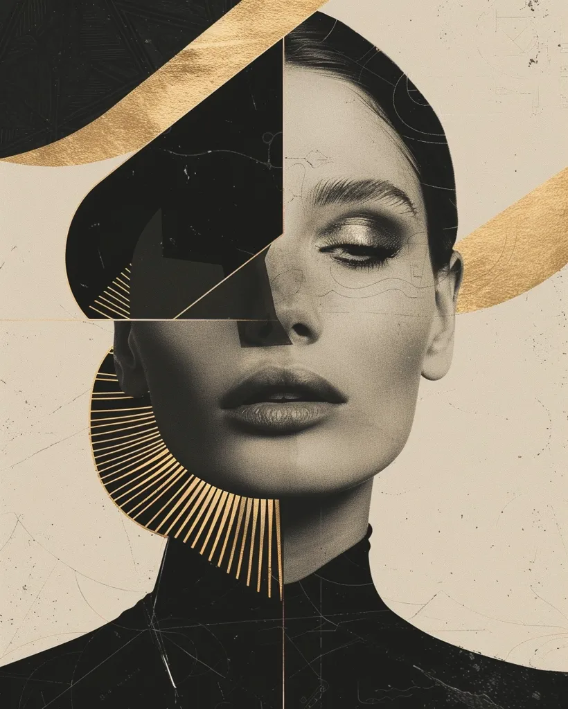 A woman's face is partially obscured by black and gold geometric shapes. Her eyes are closed, and her lips are slightly parted. The image is stylized and has a vintage feel. The background is a textured beige color. The overall effect is one of mystery and intrigue.