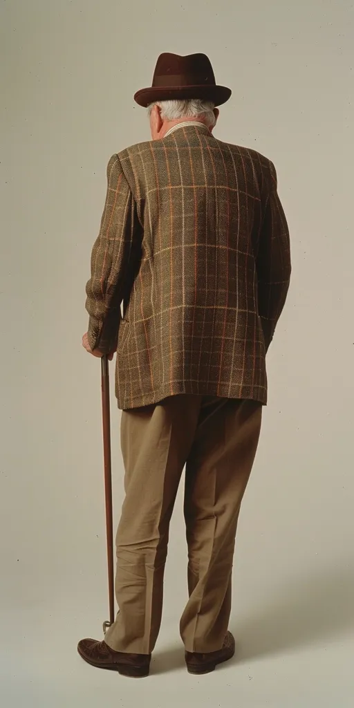 An elderly man, wearing a brown plaid jacket and brown pants, stands facing away from the camera. He is holding a wooden cane in his right hand, and his left hand is tucked into his jacket pocket. He is wearing a brown fedora hat and brown shoes. The background is a plain white wall.  The man appears to be looking down at his cane.  He looks like he is taking a moment of rest.