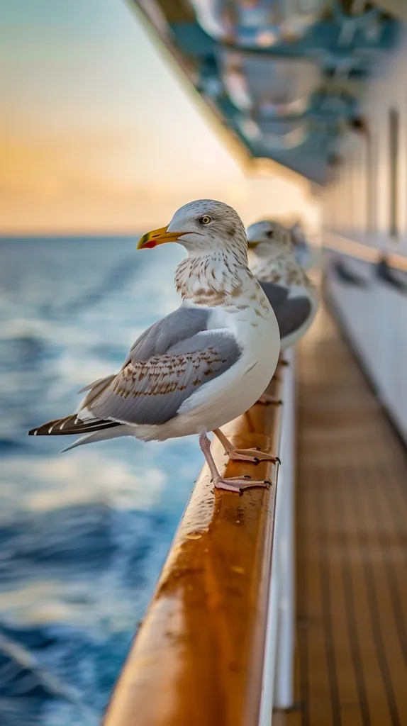 A seagull stands on the railing of a ship, looking out at the ocean. The water is blue and choppy, and the sky is a soft orange and pink. The seagull's feathers are white and gray, and it has a bright yellow beak. The ship's railing is made of wood, and it is polished to a shine. In the background, another seagull can be seen perched on the railing behind it.  The setting sun casts a warm glow on the scene.