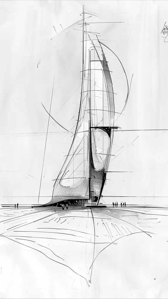 A hand-drawn sketch of a tall, slender building, possibly a skyscraper. The building is composed of multiple curved and intersecting lines, creating a complex, geometric design. The sketch appears to be in the early stages of development, with several lines and annotations visible. The building is situated on a flat, open ground. The perspective is from the ground looking up, emphasizing the building's height and intricate design.