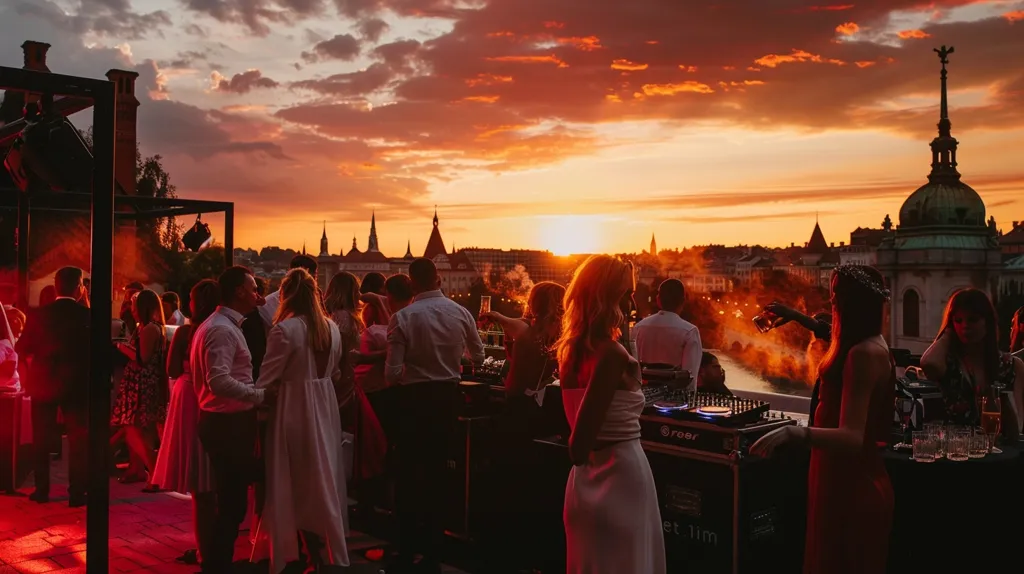 A large group of people are gathered on a rooftop, enjoying a beautiful sunset over a city skyline. The sky is ablaze with fiery orange and red hues, creating a dramatic backdrop for the festive scene. The guests, dressed in cocktail attire, mingle and sip drinks as the sun dips below the horizon. The ambiance is celebratory and romantic, with the cityscape adding a touch of grandeur to the occasion.