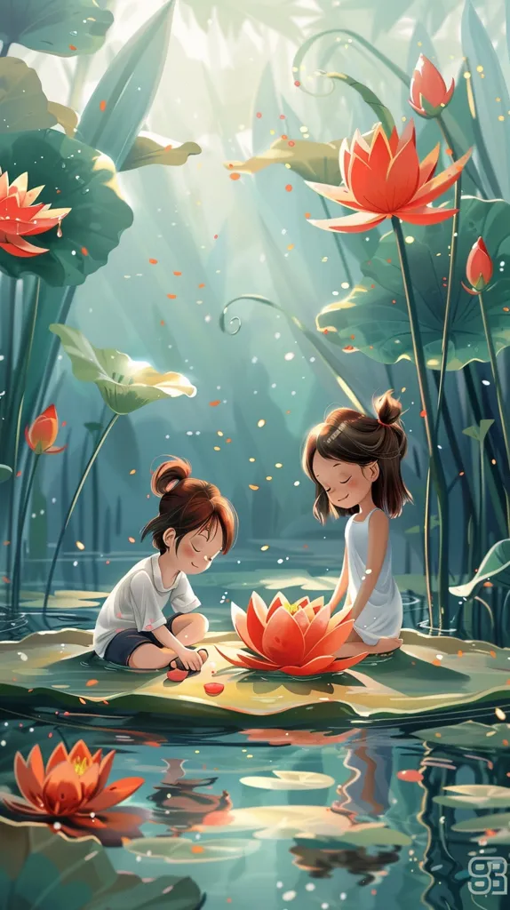 Two young girls with brown hair sit on a large lily pad in a pond. They are surrounded by water lilies, lush green leaves, and sparkling water. The sun shines brightly through the leaves, casting a warm glow on the scene. The girls are gently interacting with the flowers, creating a sense of peace and tranquility.