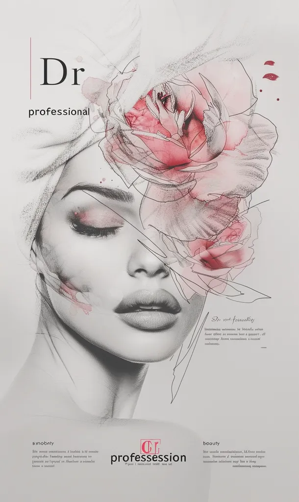 A woman's face is drawn in black and white, with a large, pink flower superimposed over her eye. The background is white, with text that reads "Dr. professional" and "Dr. get friendly."  The graphic is artistic and stylized. There are small red circles scattered on the white background. The flower is partially transparent, and the woman's eye can be seen through it.  The overall effect is romantic and ethereal.