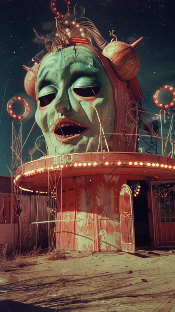 A large, grotesque, carnival-style face dominates a dilapidated amusement park structure.  The face is painted in shades of green and blue, with exaggerated features and a wide, open mouth.  The building is adorned with string lights and intricate metalwork, suggesting a bygone era of entertainment. The grainy image and faded colors evoke a sense of melancholy and decay.