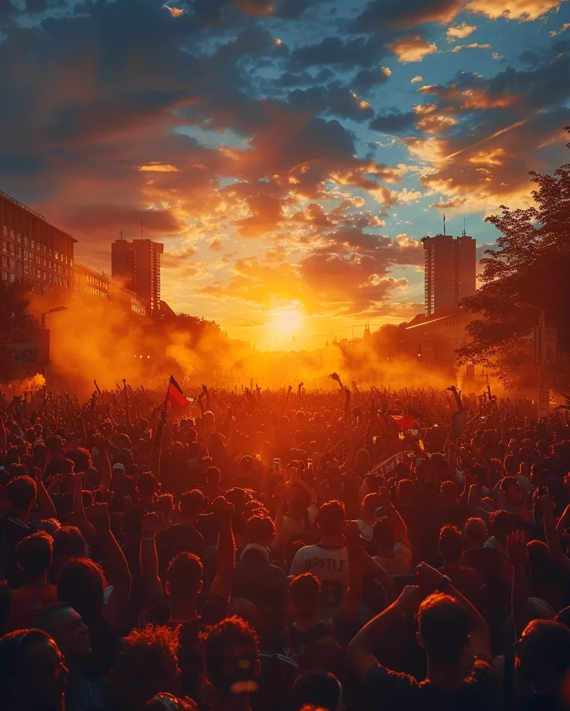 A large crowd of people stand in front of a stage, bathed in the warm glow of a setting sun. The sky is ablaze with fiery orange and pink hues, and a thick haze hangs in the air. Buildings line the skyline in the distance, and a few trees stand tall on the edge of the crowd. The scene captures the energy and excitement of a large outdoor gathering, as people celebrate and enjoy the moment.
