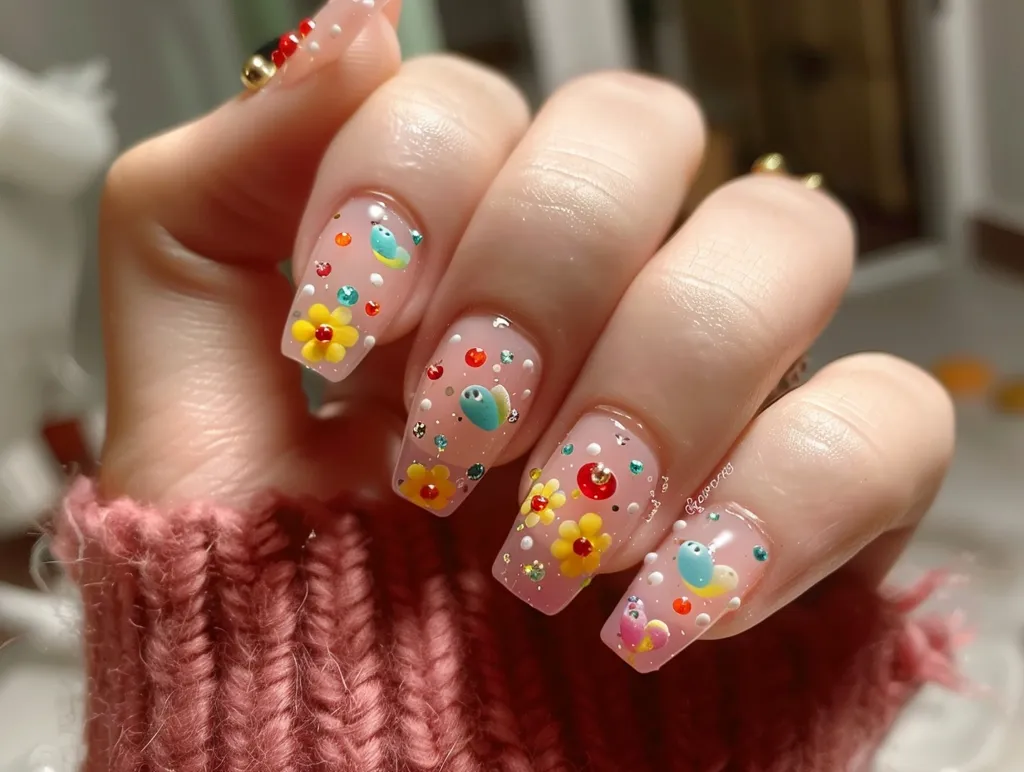 A hand with long, manicured nails adorned with intricate nail art. Each nail is adorned with tiny, colorful flowers, beads, and other embellishments. The design is whimsical and eye-catching, adding a touch of playful elegance to the hand. The hand rests on a soft, pink knitted fabric. The nails are long and shaped into an almond shape.  The background is blurry, leaving the focus solely on the nails.