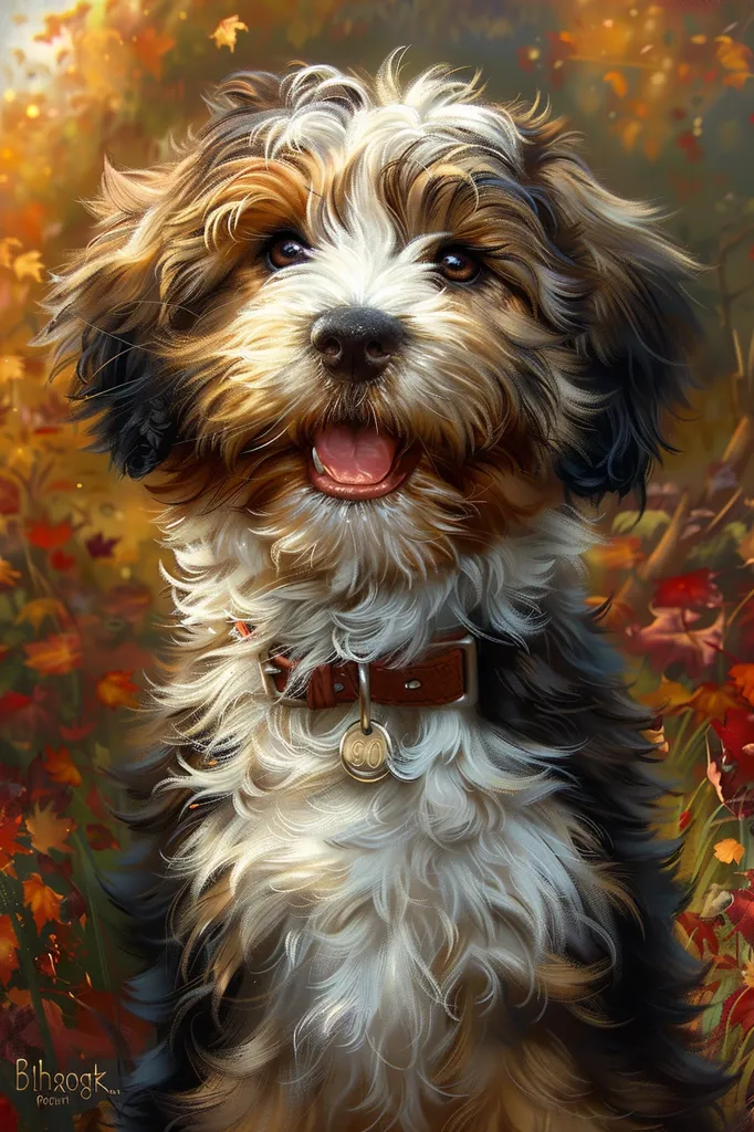 A fluffy, brown, black, and white dog with big brown eyes sits in a field of autumn leaves. Its tongue is sticking out as it smiles with a happy expression. It is wearing a brown leather collar with a golden tag. The dog's fur is soft and curly.  The background is blurred with colorful autumn leaves. The painting has a warm and inviting feel.  The dog is looking directly at the viewer, as if wanting to share its joy with them.