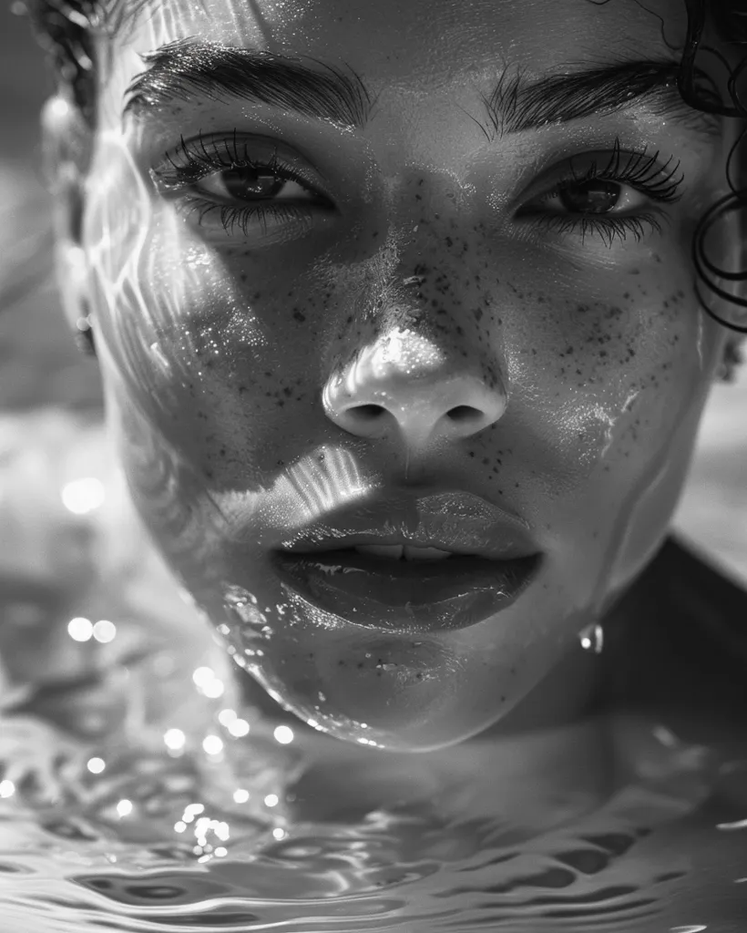 A close-up black and white photograph of a woman's face partially submerged in water. The woman's eyes are closed, and her lips are slightly parted. Her face is covered in water droplets, and the sunlight reflecting off the water creates a shimmering effect.  The image evokes a sense of calm and serenity.