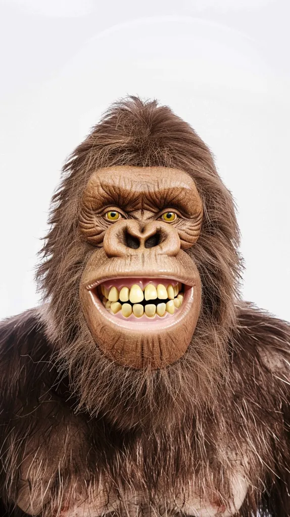 A large, hairy primate with a wide, toothy grin is looking directly at the camera. Its face is close-up, showing a large, wide nose and bright yellow eyes. The ape's teeth are bared in a friendly, almost goofy expression. The background is a simple white, focusing the attention on the creature's unique features.