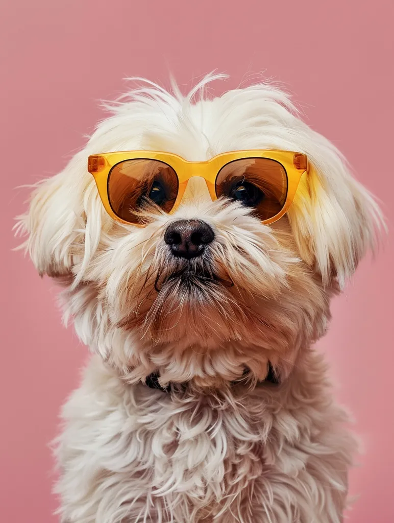 A small, white dog with a fluffy coat is wearing bright yellow sunglasses. The dog is looking directly at the camera with a serious expression. The background is a pale pink. The image is taken from a slightly elevated angle, showing the dog's entire head and shoulders.