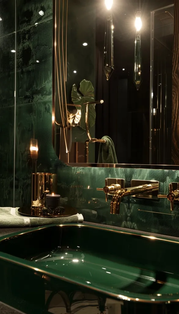 A luxurious bathroom sink with a deep green finish and gold accents. The sink is framed by a mirror, with a green towel hanging from the faucet. Two gold-plated faucets are mounted to the wall, and a single candle burns on the counter. The overall design is elegant and sophisticated.