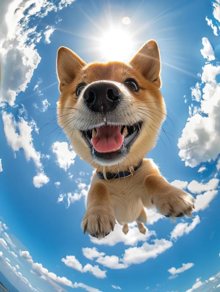 A Shiba Inu dog is captured in a fisheye lens shot, looking directly at the camera with a wide, toothy grin.  The dog is in mid-air, its paws outstretched, against a bright blue sky with fluffy white clouds. The sun shines brightly behind the dog, casting a golden glow. The image conveys joy, energy, and a sense of carefree fun.