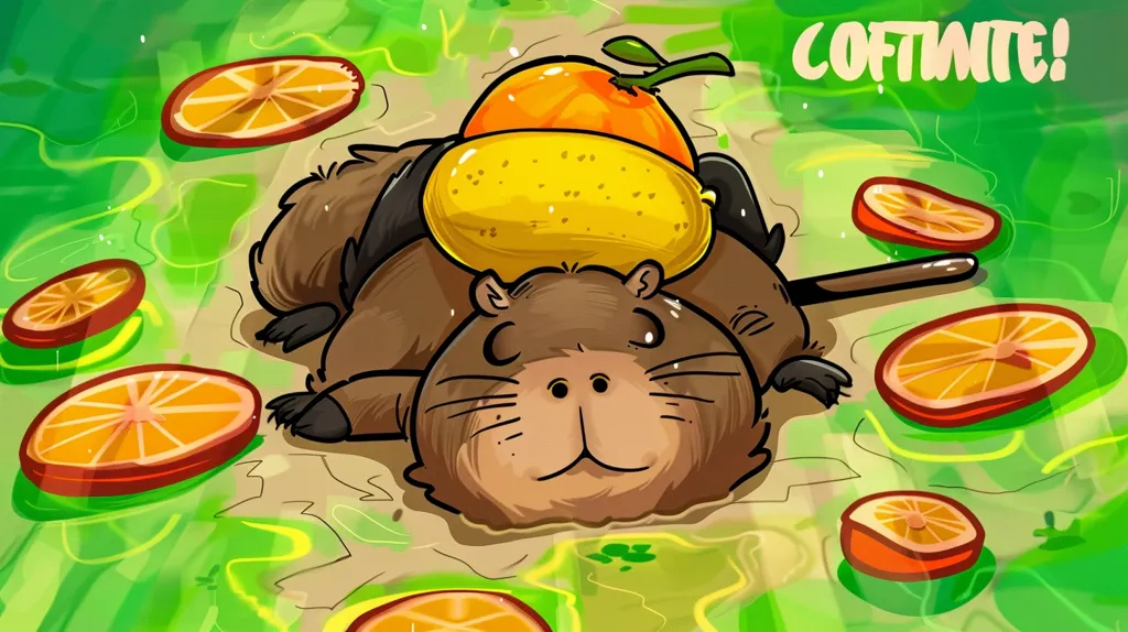 A cartoon capybara is laying in a pool of green water. A lemon and an orange are on top of its head. Around it are orange slices floating in the water. The text "COFTIMITE!" is in the upper right corner. The capybara looks happy and relaxed.