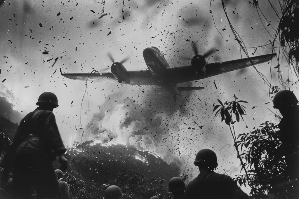 A black and white image captures the intense action of a bombing raid. A plane flies low, releasing a shower of bombs on a jungle landscape. Silhouetted figures of soldiers watch from below, their faces obscured by their helmets. The air is filled with debris, smoke, and the sound of explosions. This image is a stark reminder of the destructive power of war.