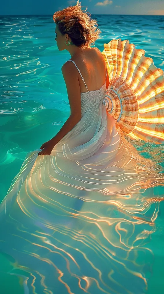 A woman in a white dress stands in clear, turquoise water, her back to the viewer. The sun shines brightly, casting a golden glow on the water. A large seashell lies behind her, its intricate patterns highlighted by the sunlight. The image evokes a sense of serenity and beauty, like a dream of summer.