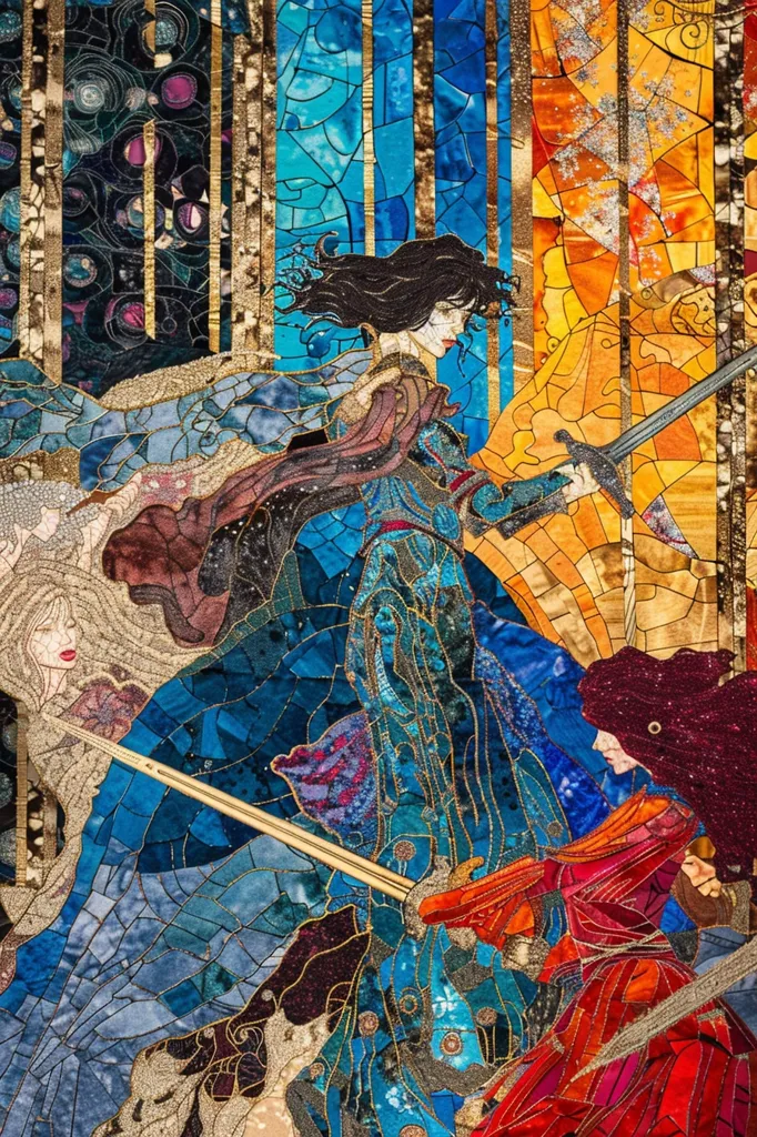 The image depicts a scene from a fantasy story, possibly a battle.  A woman in a blue gown stands in a mosaic-like setting, wielding a sword.  Another woman, partially obscured, is clad in a red dress and holds a second sword.  A third woman with long, flowing hair and a crown appears in the background.  The use of vibrant colors and mosaic patterns creates a visually engaging and intricate artwork.
