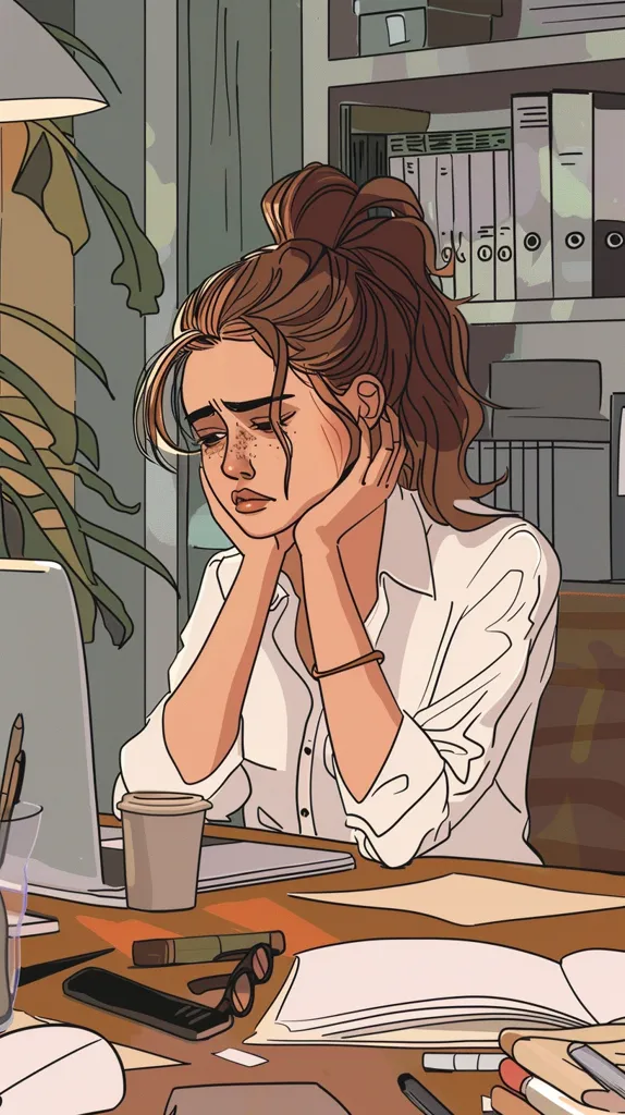 The image depicts a young woman sitting at a desk, her head resting on her hands. She has long brown hair pulled back in a ponytail and is wearing a white shirt. She looks tired and stressed. On the desk are a laptop, a notebook, a cup of coffee and other supplies. A bookshelf is visible in the background, filled with books and folders. The overall mood of the image is one of exhaustion and frustration.
