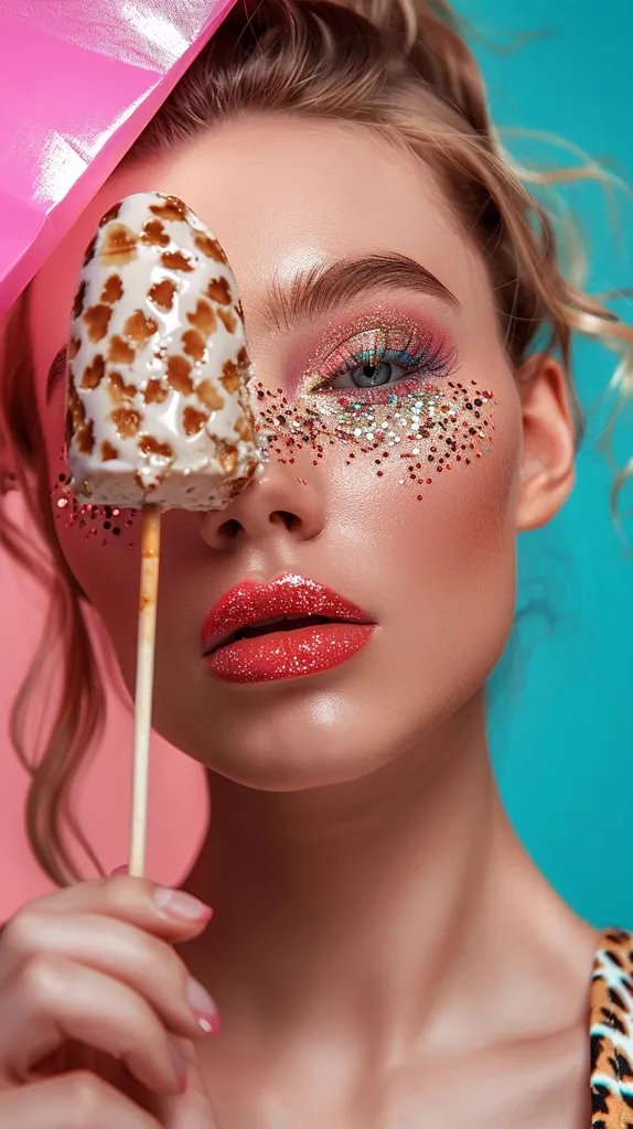 A woman with a pink and blue background holds a large, white and brown lollipop in front of her right eye, blocking it. Her eye makeup is elaborate, with glitter on her cheek and eyelid. Her lips are a bright red. She is wearing a leopard print top.