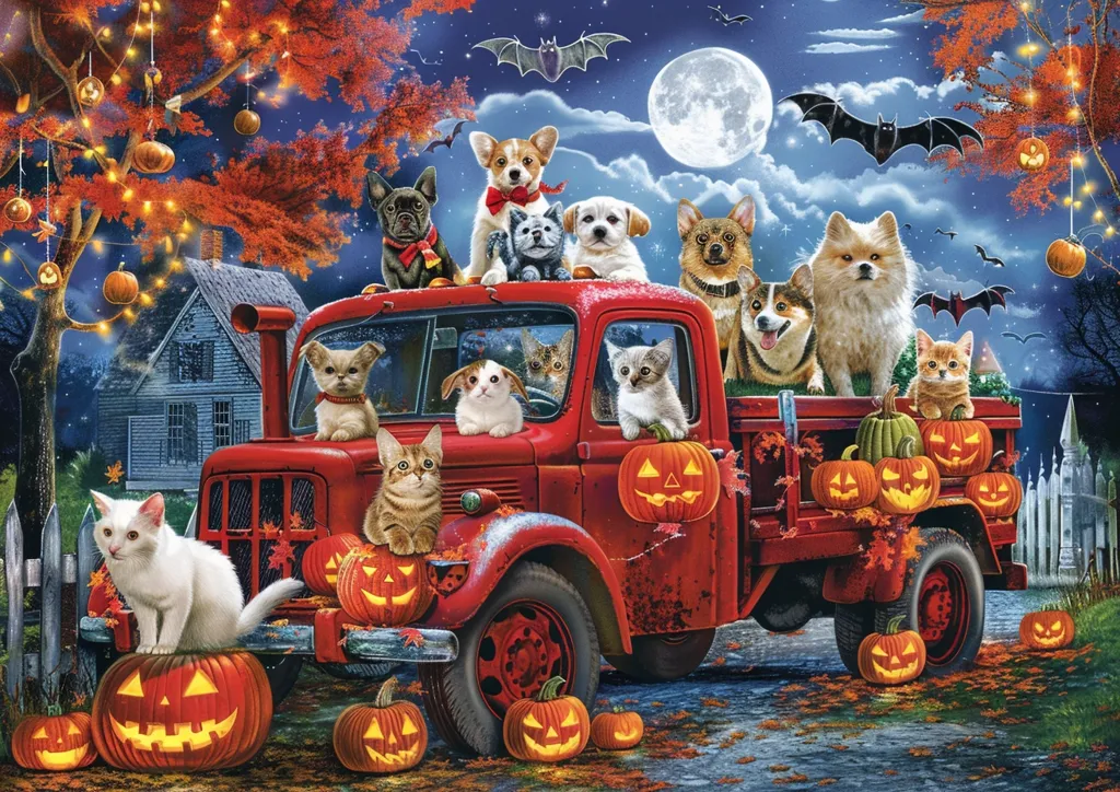 A red truck filled with pumpkins and a gaggle of dogs and cats is driving through a moonlit Halloween night. Jack-o-lanterns adorn the truck bed and the side of the road, while bats fly in the distance. The truck is illuminated by the bright moon, and the scene is filled with an air of spooky fun.