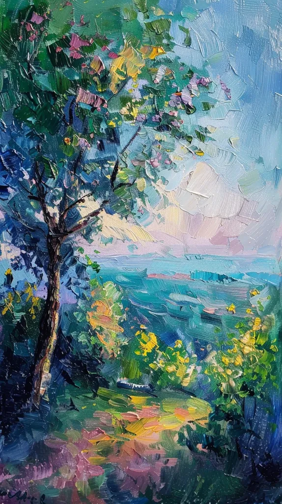 The painting depicts a lush, green landscape with a large tree in the foreground. The tree has a thick trunk and branches that reach up towards the sky. The leaves are a vibrant green, and there are hints of pink and yellow flowers scattered throughout the foliage. In the background, there is a body of water, which could be a lake or ocean. The water is a deep blue, and there are whitecaps on the waves. The sky is a clear blue, and there are fluffy white clouds. The painting is done in a loose, impressionistic style, with thick, textured brushstrokes. The overall effect is one of tranquility and beauty.